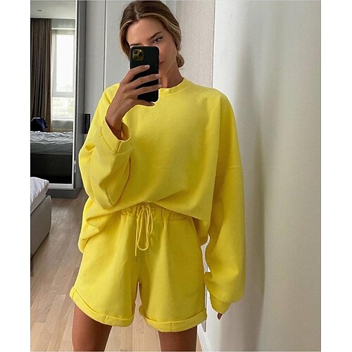 

Women's Shirt Shorts Sets Active Streetwear Green Black Sports Outdoor Casual Solid Color Drawstring Crew Neck S M L XL