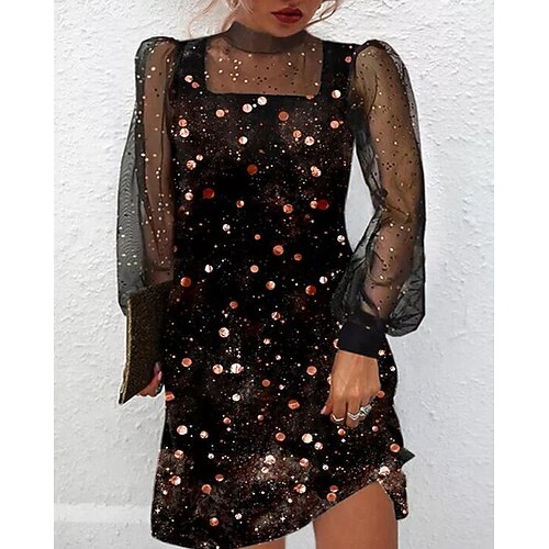 

Women's Black Dress Mini Dress Black Long Sleeve Graphic Print Winter Fall Spring Stand Collar Casual Daily 2022 S M L XL 2XL 3XL
