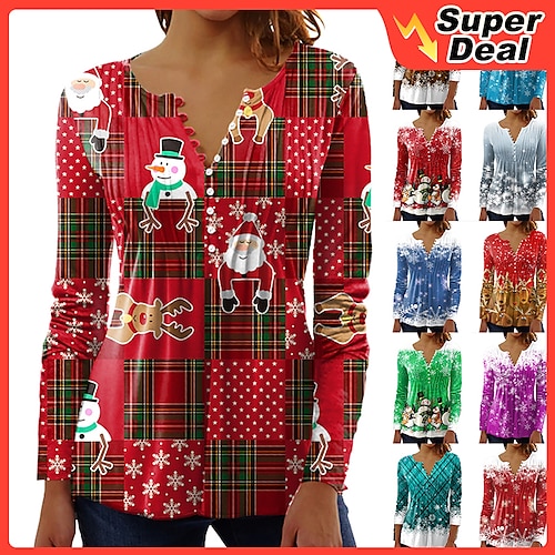 

Women's Blouse Shirt Maroon Wine Red Green Plaid Deer Button Print Long Sleeve Casual Holiday Christmas Round Neck Regular S