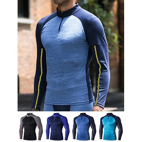 

Men's Workout Shirt Running Shirt Patchwork Half Zip Long Sleeve Top Athletic Athleisure Winter Breathable Quick Dry Soft Running Jogging Training Sportswear Activewear Patchwork Peacock Blue Black
