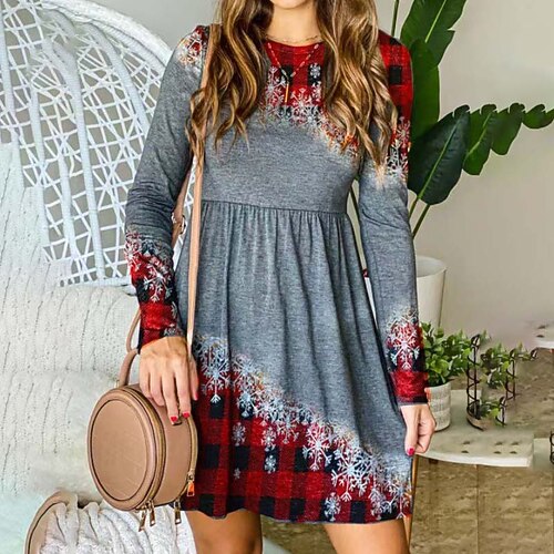 

Women's T Shirt Dress Tee Dress Mini Dress Red Long Sleeve Plaid Ruched Winter Fall Autumn Crew Neck Basic Christmas Vacation 2022 S M L XL