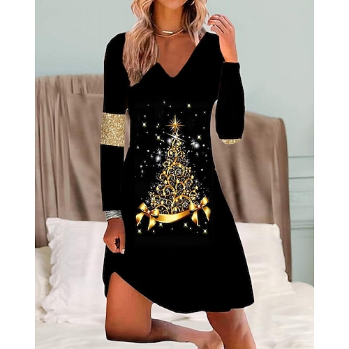 

Women's Casual Dress T Shirt Dress Tee Dress Shift Dress Mini Dress Gold Long Sleeve Christmas Tree Pocket Winter Fall Autumn V Neck Fashion Christmas Daily Vacation Loose Fit 2022 S M L XL XXL 3XL