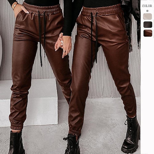 

Women's Tights Faux Leather Maroon Black White High Waist Streetwear Sexy Street Going out Pocket Full Length Soft Solid Colored S M L XL