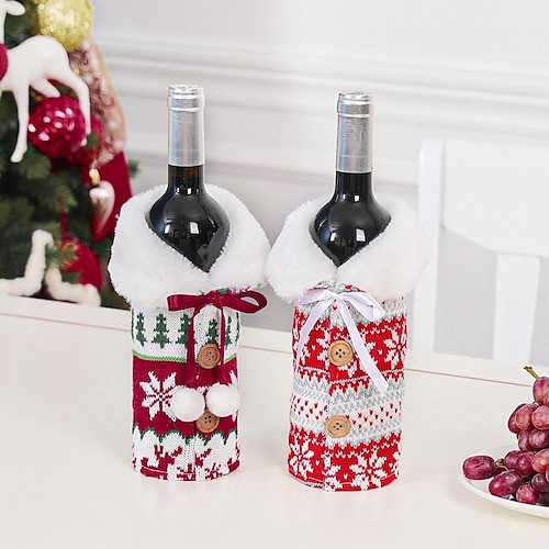 

Nordic Knitted Elk Snowflake Wine Bottle Set Christmas Decoration Hair Ball Wine Bottle Set Home Supplies