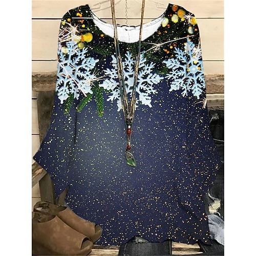 

Women's Plus Size Christmas Tops Blouse Shirt Snowflake Print Long Sleeve Casual Holiday Daily Polyester Winter Fall Blue