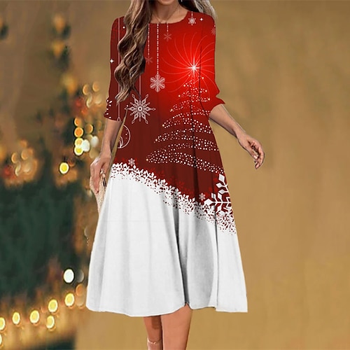 

Women's Christmas Casual Dress Shift Dress Midi Dress Wine 3/4 Length Sleeve Snowflake Ruched Winter Fall Autumn Fashion Christmas Daily 2022 S M L XL XXL 3XL