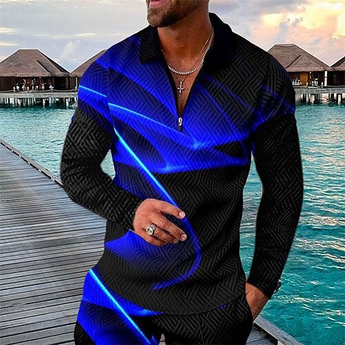 

Men's Collar Polo Shirt Golf Shirt Graphic Prints Linear Turndown Blue 3D Print Outdoor Street Long Sleeve Zipper Print Clothing Apparel Fashion Designer Casual Soft