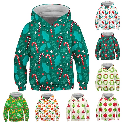 

Kids Boys Christmas Hoodie Pullover Elk Christmas Tree Candy Cane Long Sleeve Children Top Christmas Gifts Hoodie Active Fashion Green Black Blue Winter 7-13 Years