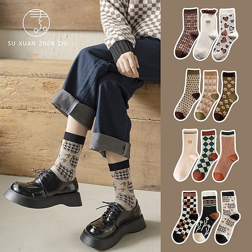 

Socks women's middle tube socks autumn and winter retro diamond pile socks japanese and korean combed cotton double needle double way ins embroidery stockings