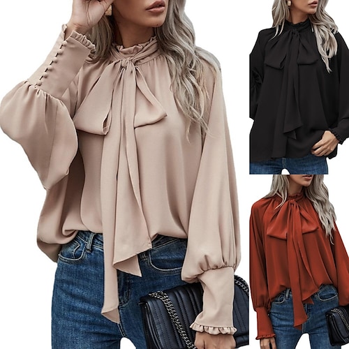 

Women's Shirt Lace up Bow Solid / Plain Color Classic Sweet Round Neck Regular Spring & Fall Black Wine Apricot