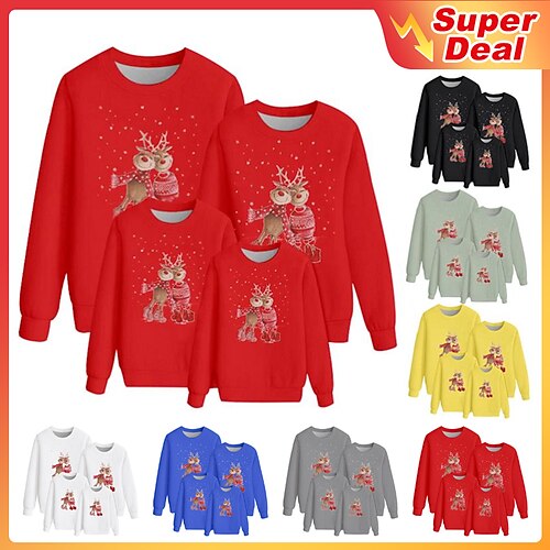 

Family Ugly Christmas Sweatshirt Pullover Graphic Deer Outdoor Crewneck Multicolor Green Black Long Sleeve Cute Matching Outfits