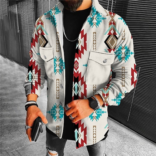 

Men's Coat Warm Sports & Outdoor Single Breasted Graphic Prints Geometry 3D Printed Graphic Turndown Vintage Jacket Outerwear Long Sleeve Pocket Fall & Winter
