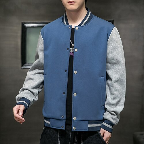 

Men's Varsity Jacket Warm Daily Wear Vacation Going out Single Breasted Standing Collar Comfort Leisure Jacket Outerwear Color Block Button Pocket Black Blue Orange
