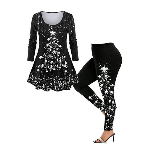 

Women's Plus Size Tops Set Christmas Tree Print Long Sleeve Crew Neck Casual Festival Christmas Daily Polyester Winter Fall Black White
