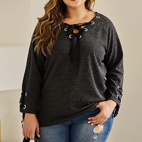 

Women's Plus Size Tops Blouse Plain Lace up Long Sleeve Crewneck Casual Daily Going out Cotton Winter Fall Black