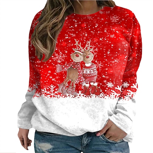 

Women's Plus Size Christmas Tops Pullover Sweatshirt Animal Deer Print Long Sleeve Crew Neck Casual Holiday Festival Daily Polyester Winter Fall Blue Wine