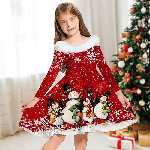 

детское рождественское платье для девочек повседневное платье снеговика платье выше колена рождественские подарки меховая отделка очаровательное платье с длинным рукавом 2-13 лет зима зеленый синий