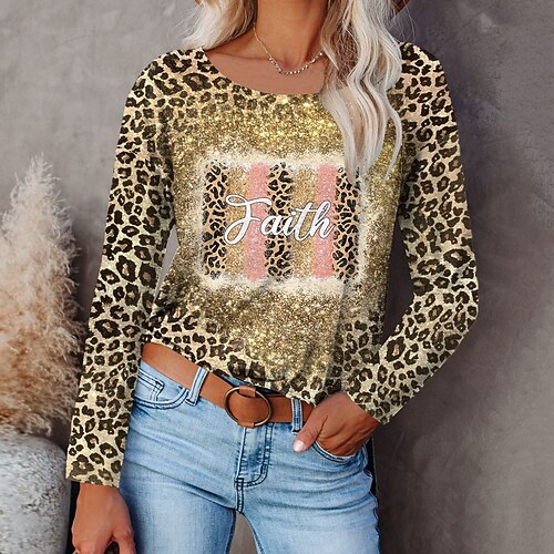 

Women's T shirt Tee Yellow Leopard Text Print Long Sleeve Daily Weekend Basic Round Neck Regular Painting S