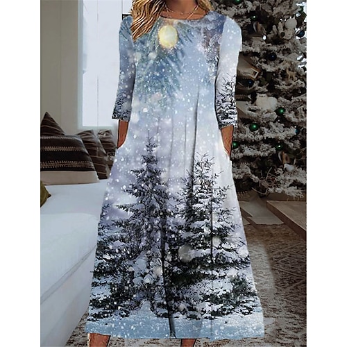 

Women's Christmas Casual Dress Shift Dress Midi Dress Blue 3/4 Length Sleeve Tree Ruched Winter Fall Autumn Fashion Daily 2022 S M L XL XXL 3XL