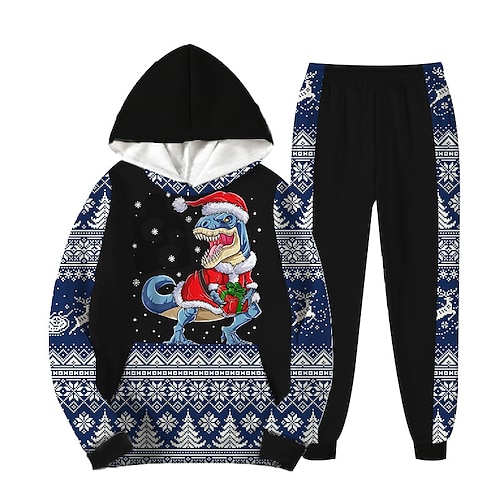 

2 Pieces Kids Boys Ugly Christmas Hoodie & Pants Outfit Animal Dinosaur Snowflake Long Sleeve Set Casual Fashion Cool Winter Fall 7-13 Years Blue