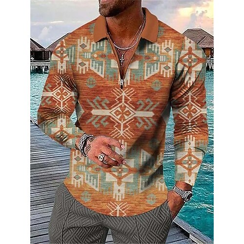 

Men's Collar Polo Shirt Golf Shirt Graphic Prints Geometry Turndown Wine Khaki 3D Print Outdoor Street Long Sleeve Zipper Print Clothing Apparel Vintage Designer Ethnic Style Casual