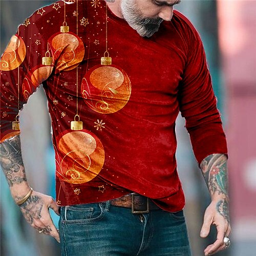 

Men's T shirt Tee Graphic Prints Crew Neck Wine Red Red 3D Print Bell Christmas Daily Long Sleeve Print Clothing Apparel Basic Streetwear Designer Casual