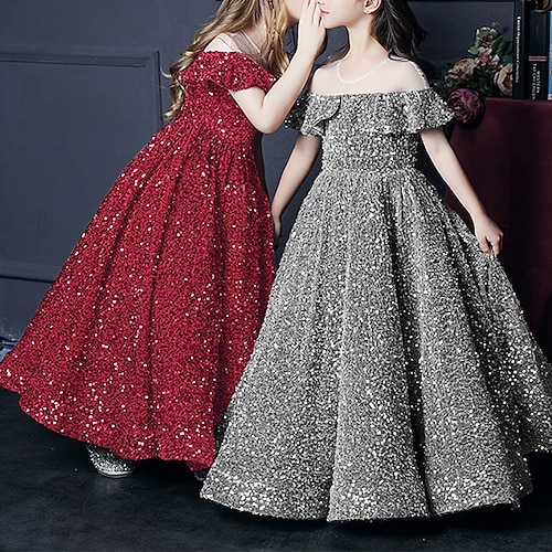 

Christmas Pageant & Performance Princess Flower Girl Dresses Jewel Neck Floor Length Sequined with Pleats Paillette Sparkle & Shine Cute Girls' Party Dress Fit 3-16 Years