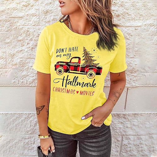 

Women's T shirt Tee Green Pink Yellow Plaid Christmas Tree Print Short Sleeve Christmas Weekend Basic Round Neck Regular Painting S