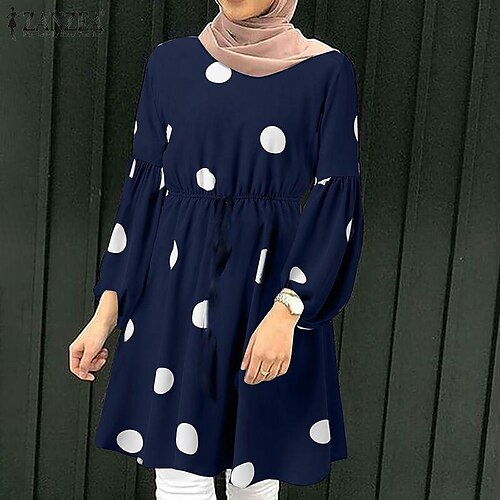 

2022 fall blouse boho muslim polka dot print top o neck shirt