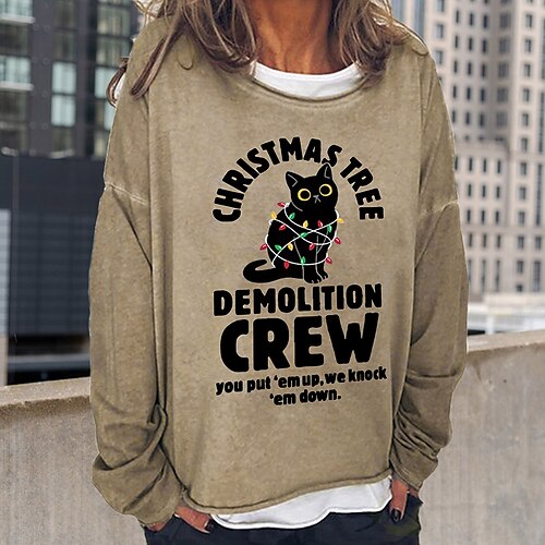 

Women's Sweatshirt Pullover Basic Black Blue Khaki Cat Street Round Neck Long Sleeve S M L XL 2XL 3XL