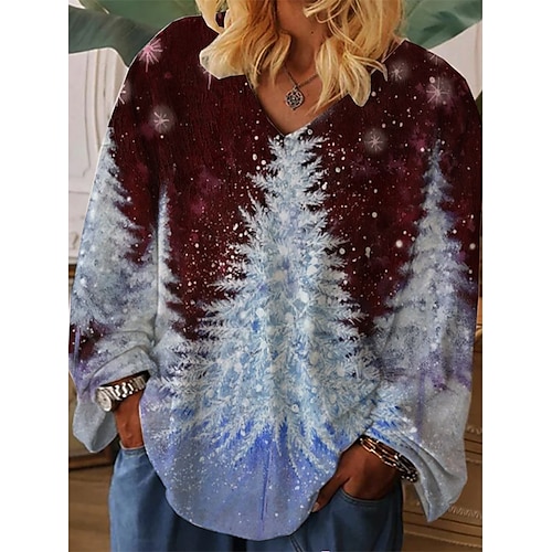 

Women's Plus Size Christmas Tops T shirt Tee Christmas Tree Print Long Sleeve V Neck Casual Festival Daily Cotton Spandex Jersey Winter Fall Wine