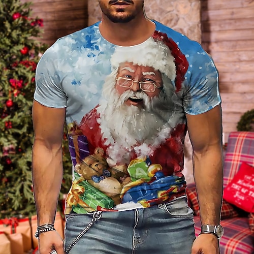 

Men's Unisex Christmas T shirt 3D Print Graphic Prints Santa Claus Print Short Sleeve Tops Casual Designer Big and Tall Blue / Summer