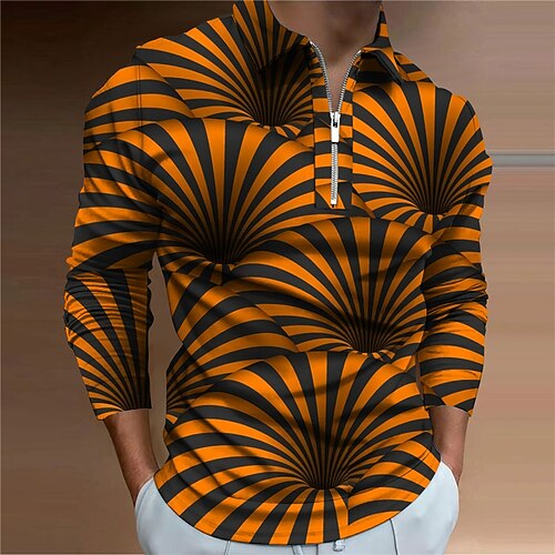 

Men's Polo Shirt Golf Shirt Optical Illusion Abstract Graphic Prints Turndown Blue Orange 3D Print Outdoor Street Long Sleeve Zipper Print Clothing Apparel Fashion Designer Casual Soft