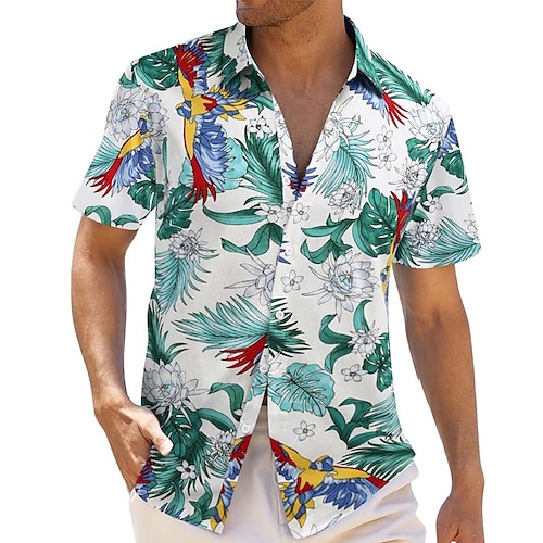 

Men's Summer Hawaiian Shirt Floral Plants Turndown Green Red Outdoor Street Short Sleeves Button-Down Print Clothing Apparel Fashion Casual Soft Breathable