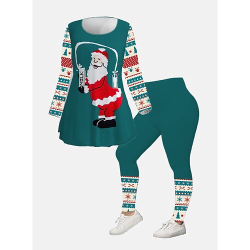 

Women's Plus Size Ugly Christmas Set Graphic Print Long Sleeve V Neck Casual Festival Daily Polyester Winter Fall Green