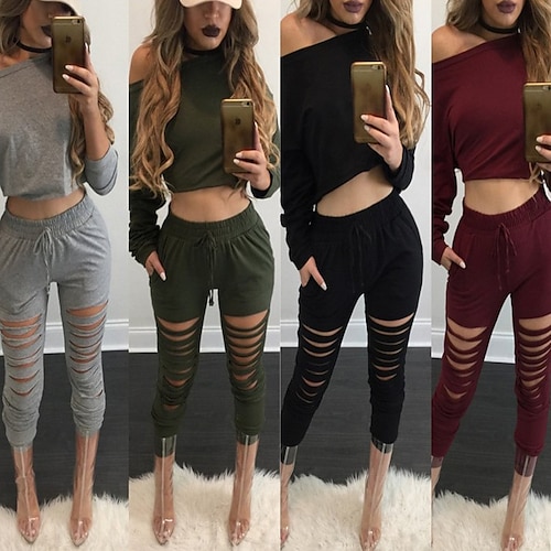 

Women's Crop Sweatshirt Sweatpants Basic Black Wine Casual Daily Solid Color Drawstring Cut Out Round Neck S M L XL