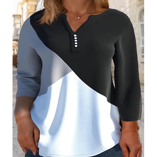 

Per donna Camicia Blusa Bianco e nero Color Block Stampa Manica lunga Giornaliero Da mare Essenziale Informale A V XL