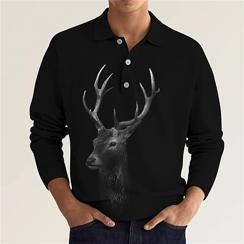 

Men's Collar Polo Shirt Golf Shirt Animal Elk Graphic Prints Turndown Yellow Gray 3D Print Outdoor Street Long Sleeve Button-Down Print Clothing Apparel Fashion Designer Casual Soft