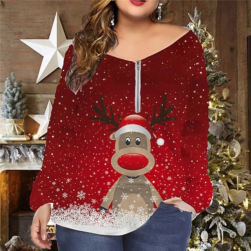 

Women's Plus Size Christmas Tops T shirt Tee Letter Deer Zipper Print Long Sleeve V Neck Casual Festival Daily Cotton Spandex Jersey Winter Fall Blue Wine