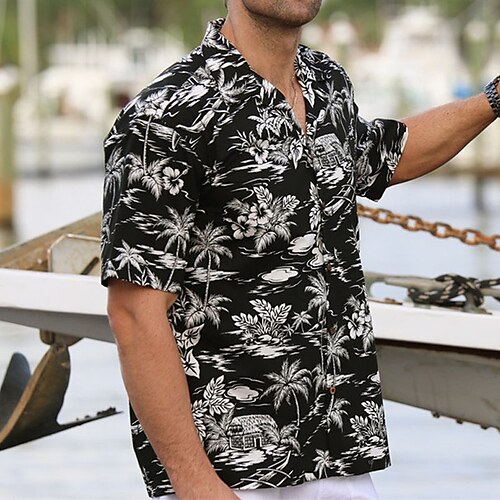 

Men's Shirt Aloha Shirt Coconut Tree Graphic Prints Turndown Black 3D Print Outdoor Street Short Sleeve Button-Down Print Clothing Apparel Tropical Sports Fashion Hawaiian