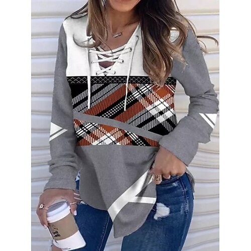 

Women's Plus Size Tops T shirt Tee Plaid Print Long Sleeve V Neck Casual Holiday Daily Vacation Polyester Winter Fall Black Blue