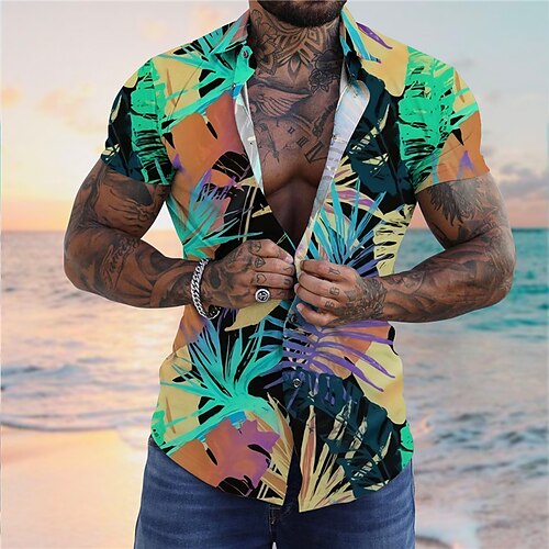 

Men's Shirt Aloha Shirt Graphic Prints Leaves Turndown Green Blue 3D Print Outdoor Street Short Sleeves Button-Down Print Clothing Apparel Tropical Designer Casual Hawaiian