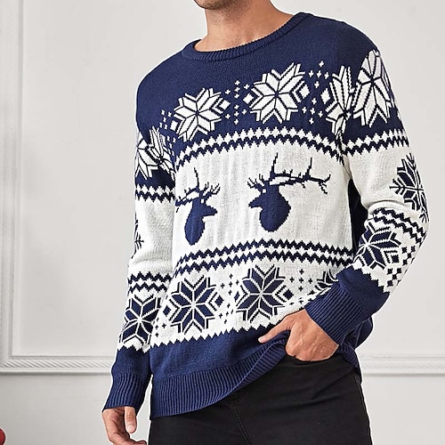 

Men's Sweater Ugly Christmas Sweater Pullover Sweater Jumper Ribbed Knit Cropped Knitted Deer Crew Neck Keep Warm Modern Contemporary Christmas Work Clothing Apparel Fall & Winter Blue S M L