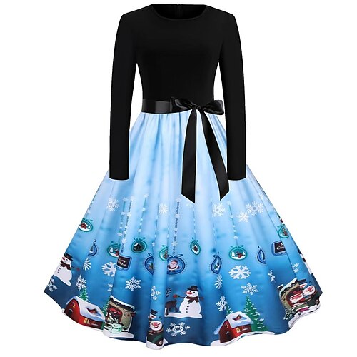 

Women's Christmas Swing Dress Vintage Dress Midi Dress Black Red Light Blue Long Sleeve Santa Claus Bow Winter Fall Autumn Crew Neck Mature Christmas 2022 S M L XL 2XL