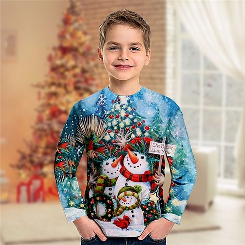 

Toddler Boys Christmas T shirt Tee Snowman Long Sleeve Crewneck Children Top Casual 3D Print Cute Daily Winter Fall Blue 7-13 Years