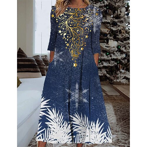 

Women's Christmas Casual Dress Shift Dress Midi Dress Blue 3/4 Length Sleeve Snowflake Ruched Winter Fall Autumn Fashion Daily 2022 S M L XL XXL 3XL