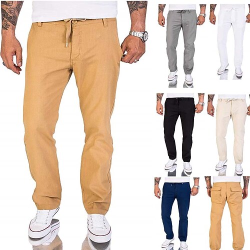 

Men's Trousers Casual Pants Pocket Drawstring Solid Color Daily Holiday 100% Cotton Streetwear Stylish Black Khaki Micro-elastic