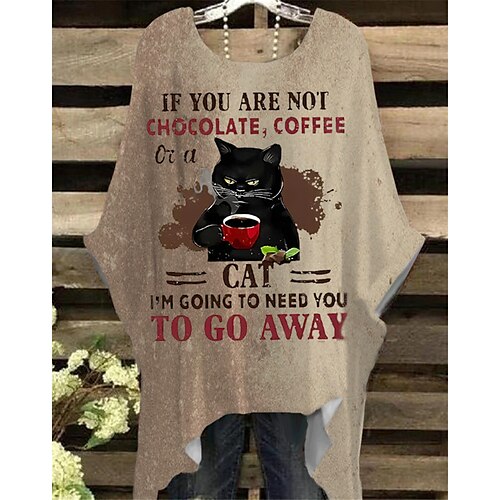 

Women's Plus Size Tops Active Streetwear T shirt Tee Animal Cat Print Half Sleeve Crew Neck Vintage Casual Daily Cotton Spandex Jersey Winter Fall khaki