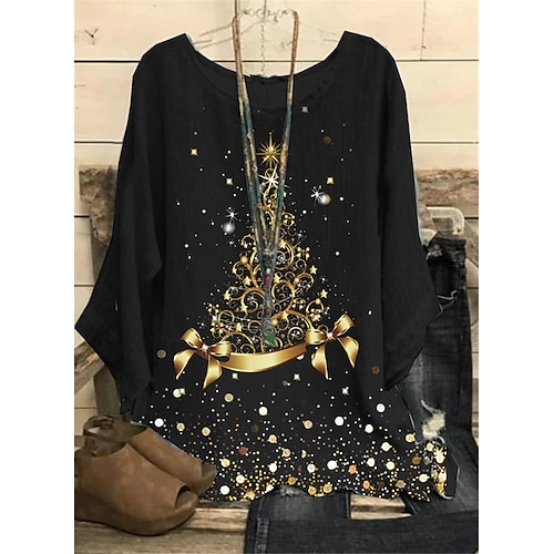 

Women's Plus Size Tops Blouse Shirt Christmas Tree Snowflake Print Long Sleeve Crewneck Casual Christmas Daily Polyester Winter Fall Black Gold