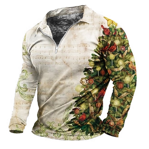 

Men's Collar Polo Shirt Golf Shirt Graphic Prints Turndown Beige Gray 3D Print Christmas Street Long Sleeve Zipper Print Clothing Apparel Fashion Designer Casual Soft